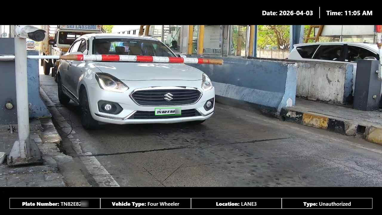 Four-wheeler Lane ANPR evidence with plate and lane metadata