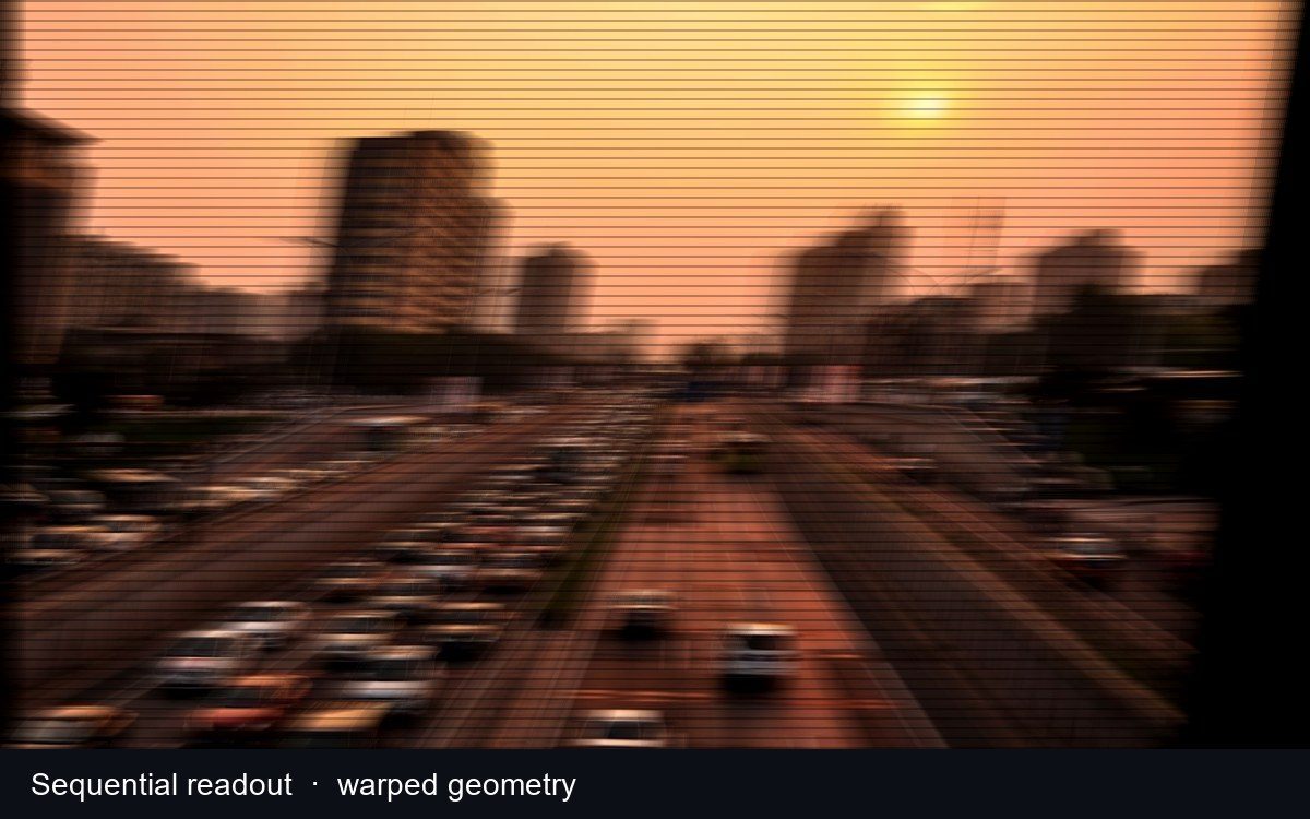 Motion-smeared highway showing sequential rolling shutter distortion
