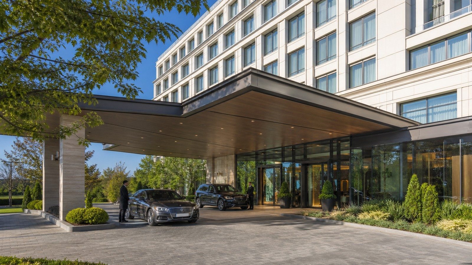 Luxury hotel entrance driveway with guest vehicles
