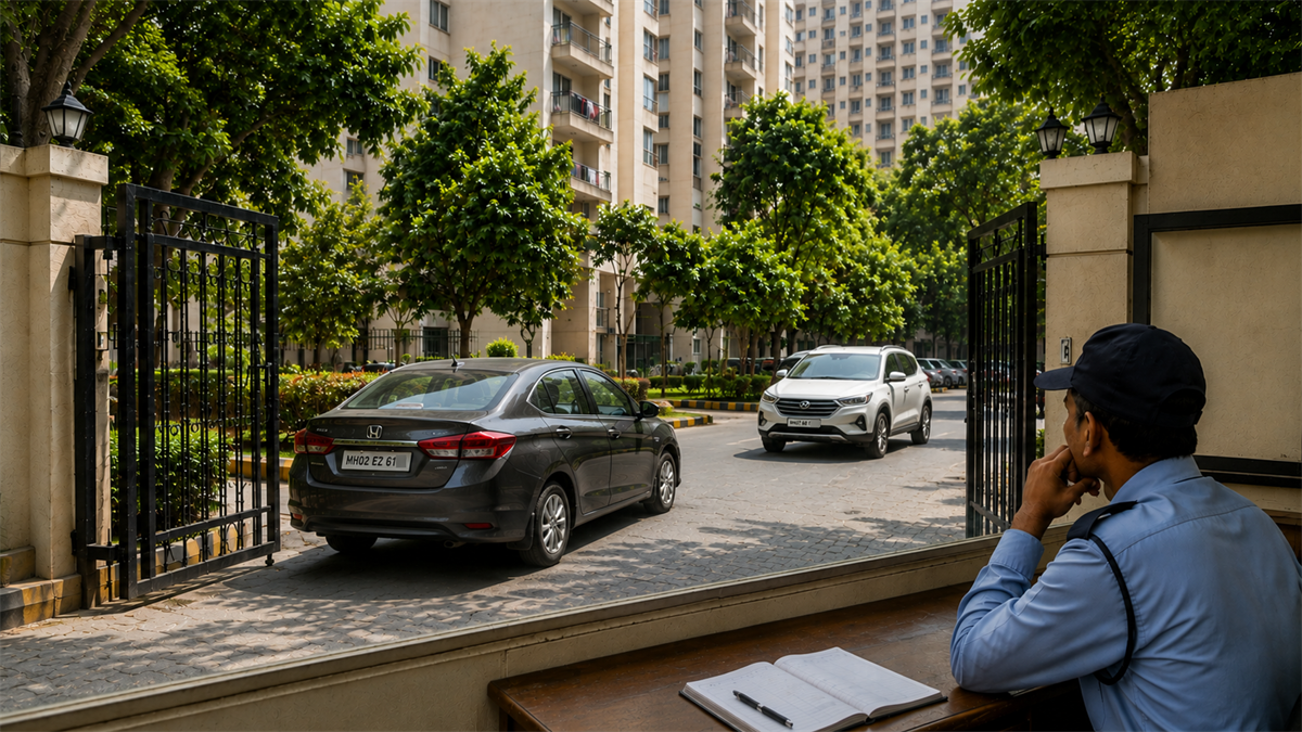 Security guard monitoring vehicles at a gated society entrance