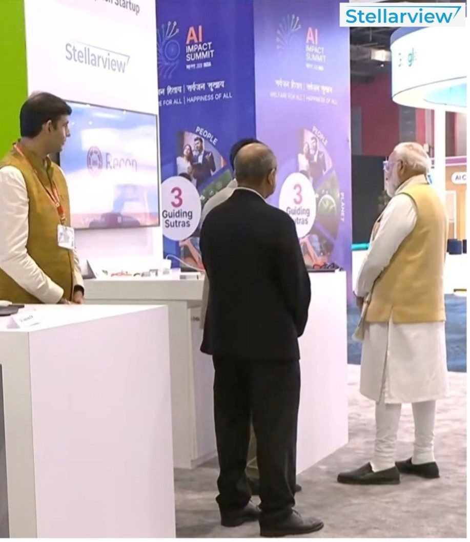 Prime Minister Narendra Modi visiting the Stellarview booth at the India AI Impact Summit 2026, with the Recon display behind the team